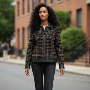 Talbots Collection Women's Black‎ Tan Plaid Tweed Leather Trim Jacket Size 8